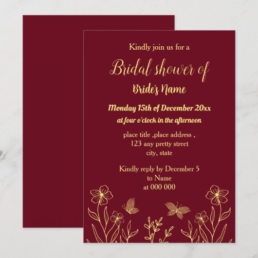 Invitation Simple papillons d'or burgundy douche (Devant / Derrière)
