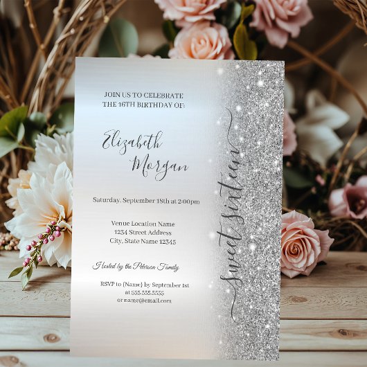 Invitation Simple Parties scintillant Argent Silver Sweet 16
