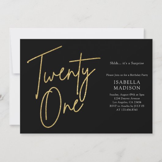 Invitation Simple Parties scintillant Noir et Or 21e annivers (Devant)
