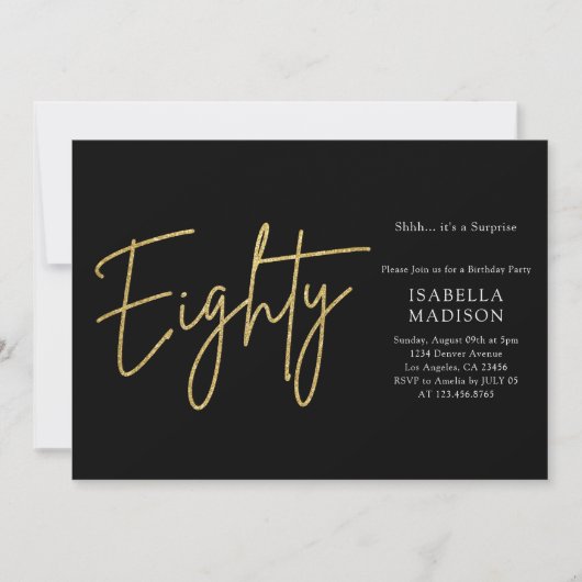 Invitation Simple Parties scintillant Noir et Or 80e annivers (Devant)