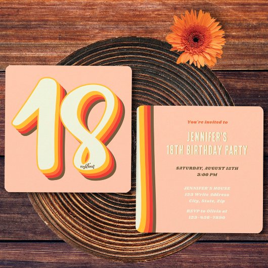 Invitation Simple Peach Moderne Rétro Groovy 18e Anniversaire