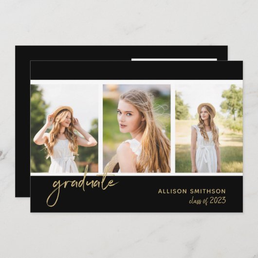 Invitation Simple Photo Black Gold Party (Devant / Derrière)