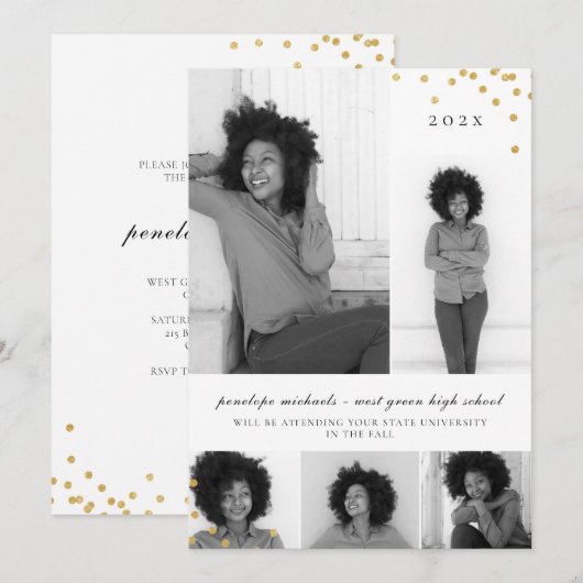 Invitation Simple Photo Collage Faux Gold Graduation Party (Devant / Derrière)