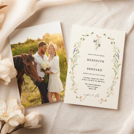 Invitation Simple Photo de mariage avec monogramme de fleurs