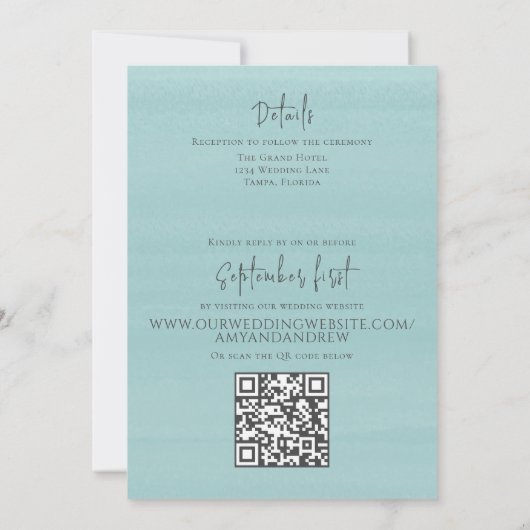 Invitation Simple Photo Elegant Turquoise QR Code RSVP Ocean (Dos)
