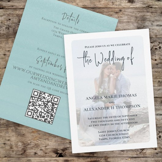 Invitation Simple Photo Elegant Turquoise QR Code RSVP Ocean