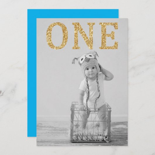 Invitation Simple Photo Gold Parties scintillant 1er annivers (Devant / Derrière)