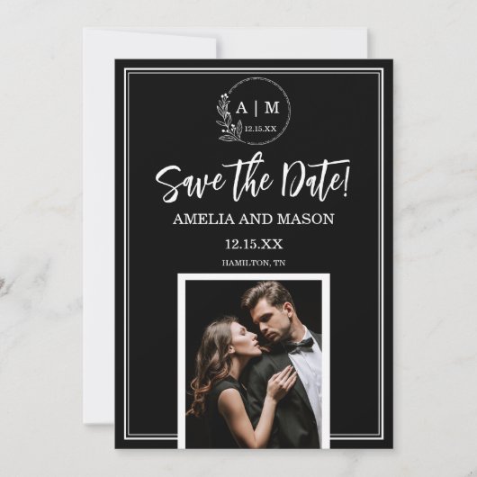 Invitation Simple Photo Minimal Monogram Save the Date Card (Devant)