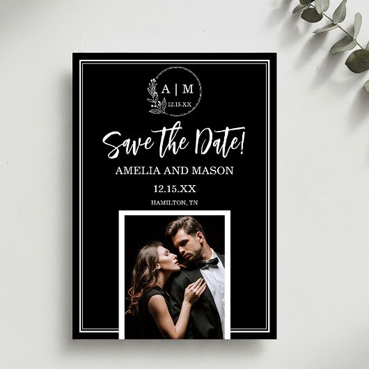 Invitation Simple Photo Minimal Monogram Save the Date Card