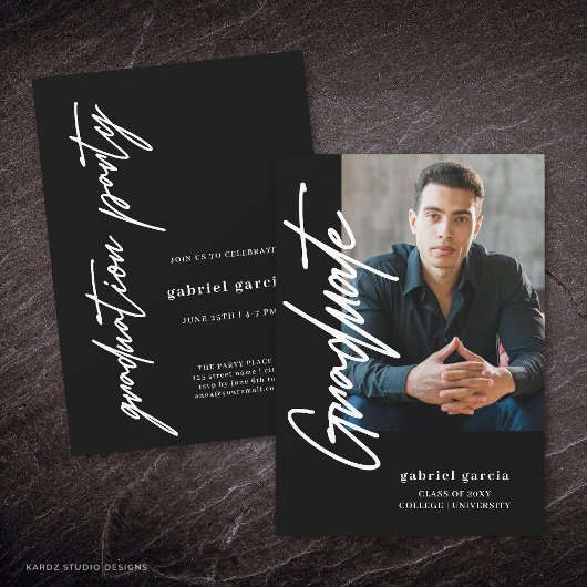 Invitation Simple Photo moderne Black Script Graduation Party