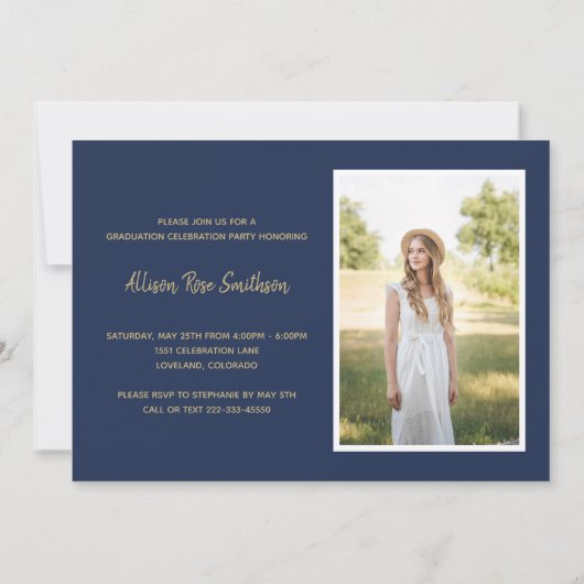 Invitation Simple Photo Navy Blue Graduation Party (Dos)
