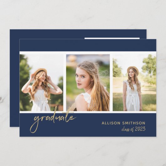 Invitation Simple Photo Navy Blue Graduation Party (Devant / Derrière)