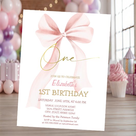 Invitation Simple Pink Bow Pink Striped 1st Birthday 