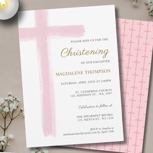 Invitation Simple Pink Cross Girl Christening Baptism