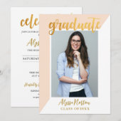 Invitation Simple Pink Gold Confetti Photo Graduation (Devant / Derrière)