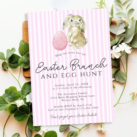 Invitation Simple Pink Preppy Stripes Bunny Egg Brunch de Pâq