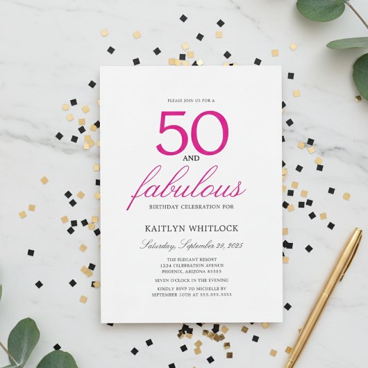 Invitation Simple Pink Script 50 and Fabulous 50th Birthday