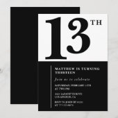 Invitation simple pour 13 ans garçon noir et blanc (Devant / Derrière)