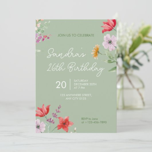 Invitation simple pour 26e anniversaire avec fleur (Debout devant)