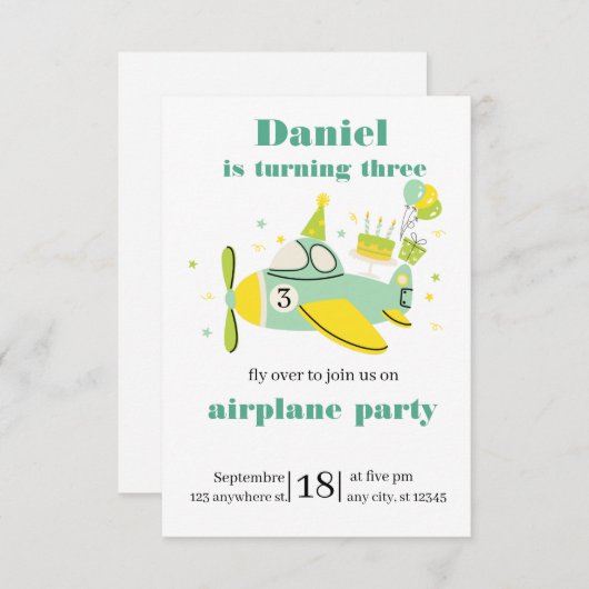 Invitation simple pour l'anniversaire d'avion ✈️ (Devant / Derrière)