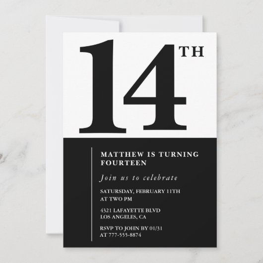 Invitation simple pour les 14 ans de Black White B (Devant)
