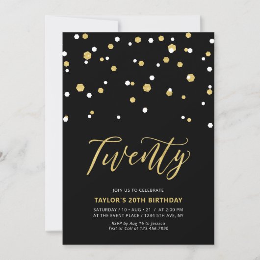 Invitation simple pour un 20e anniversaire en noir (Devant)