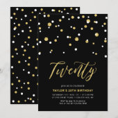 Invitation simple pour un 20e anniversaire en noir (Devant / Derrière)