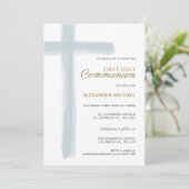 Invitation Simple Première Sainte Communion Garçon Croix Bleu (Debout devant)