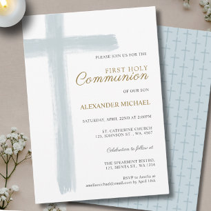 Invitation Simple Première Sainte Communion Garçon Croix Bleu