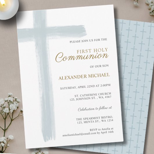 Invitation Simple Première Sainte Communion Garçon Croix Bleu