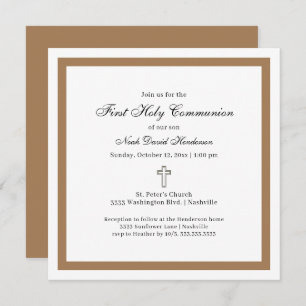Invitation Simple Première Sainte Communion Tan White Invitat