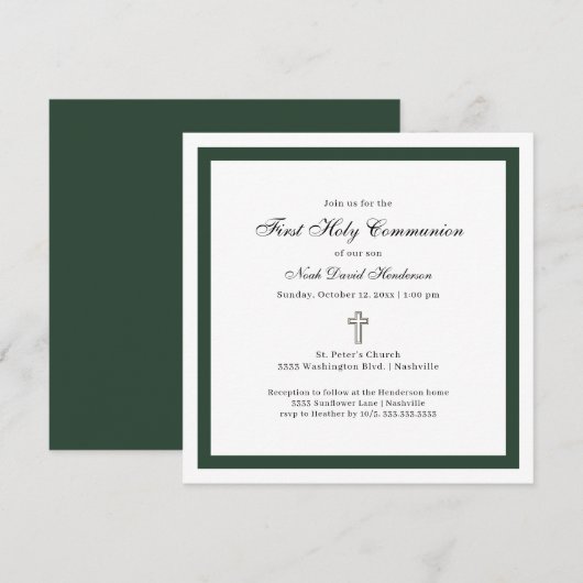 Invitation Simple Première Sainte Communion vert émeraude bla (Devant / Derrière)