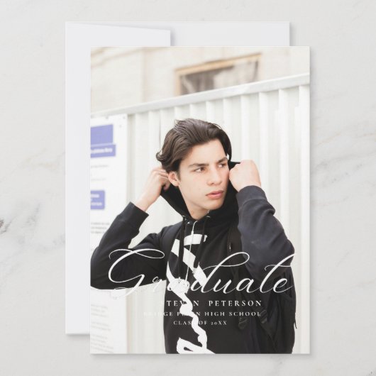 Invitation Simple Purple Calligraphy Photo Black Graduation  (Devant)