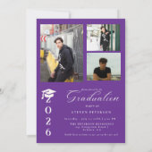 Invitation Simple Purple Calligraphy Photo Black Graduation  (Dos)