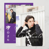 Invitation Simple Purple Calligraphy Photo Black Graduation  (Devant / Derrière)