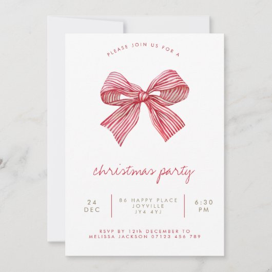 Invitation Simple Red Candy Stripe Bow fête de Noël (Devant)