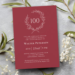 Invitation Simple Red Elegant Laurel Wreath 100e anniversaire