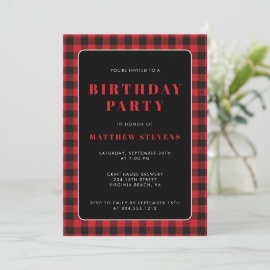 Invitation simple Red Plaid Anniversaire (Debout devant)