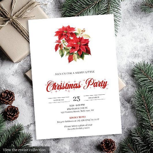 Invitation Simple Red Poinsettia Botanical Holiday Christmas