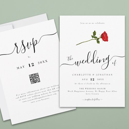 Invitation Simple Red Rose élégant Script Code QR