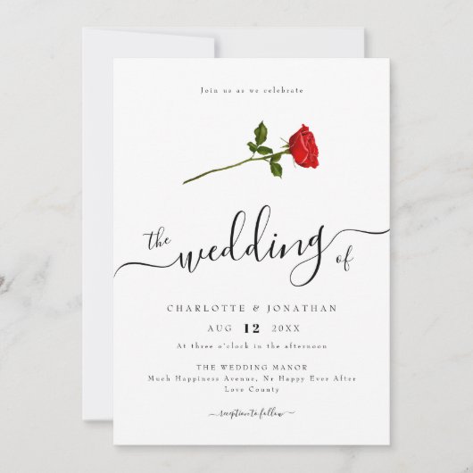 Invitation Simple Red Rose élégant Script Code QR (Devant)