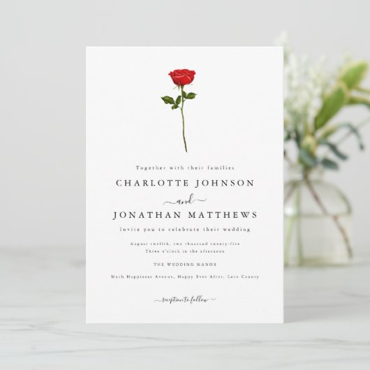 Invitation Simple Red Rose élégant Script QR Code Mariage (Debout devant)