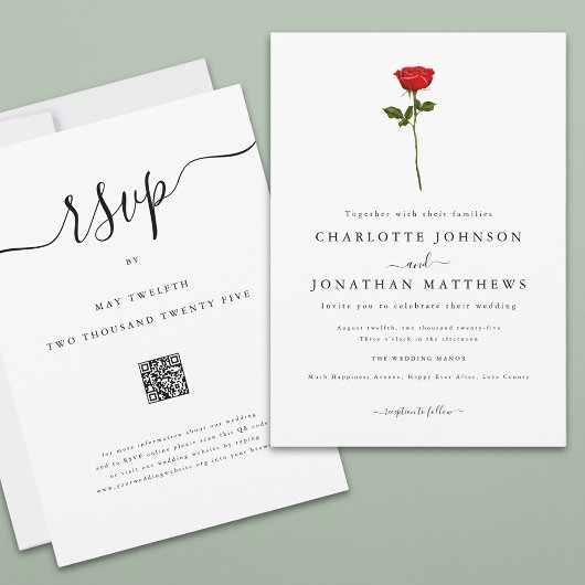 Invitation Simple Red Rose élégant Script QR Code Mariage