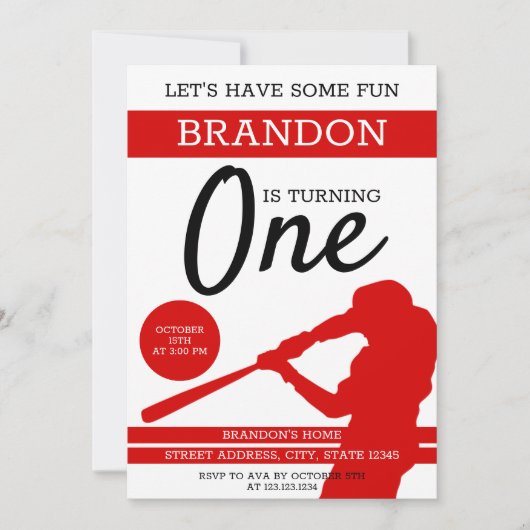 Invitation Simple Red Silhouette Baseball 1er anniversaire (Devant)