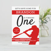 Invitation Simple Red Silhouette Baseball 1er anniversaire (Debout devant)
