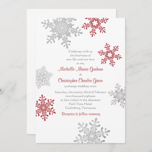 Invitation Simple Red Silver Snowflake Mariage d'hiver (Devant / Derrière)