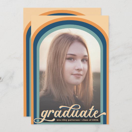 Invitation Simple Retro Blue Arch Photo Graduation Party (Devant / Derrière)