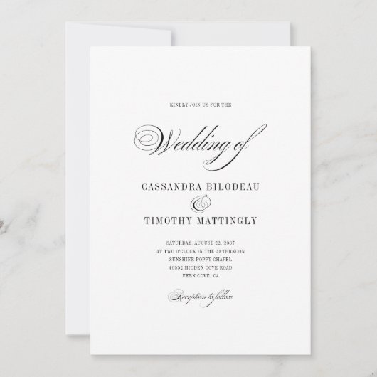 Invitation Simple romantique noir et blanc Mariage de script (Devant)