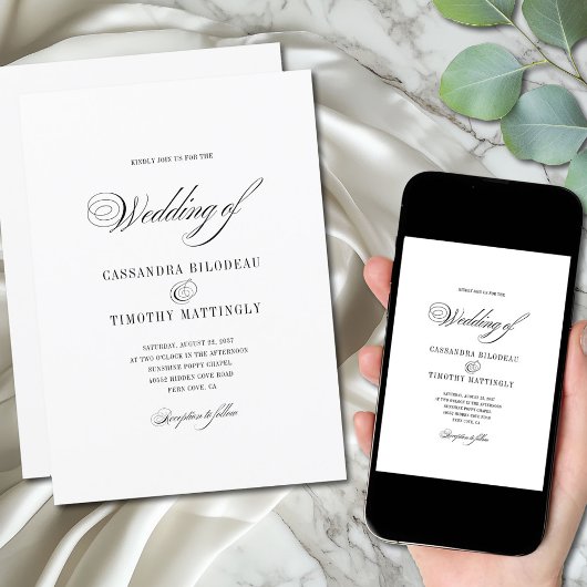 Invitation Simple romantique noir et blanc Mariage de script