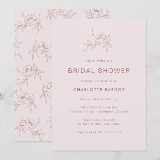 Invitation simple rose de douche nuptiale (Devant / Derrière)